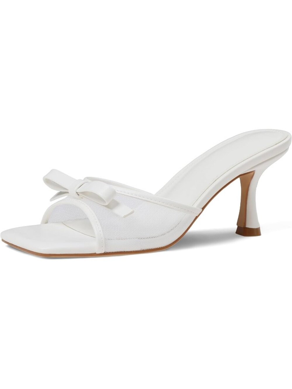 Women's White Heeled Sandals Open Square Toe Kitten Heels Slip On Bow Mesh Mules